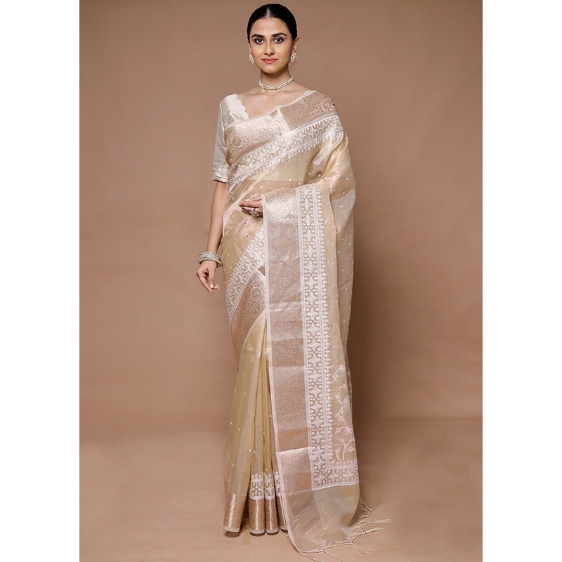 Cream Tissue Silk Saree With Blouse Piece - JD986599399