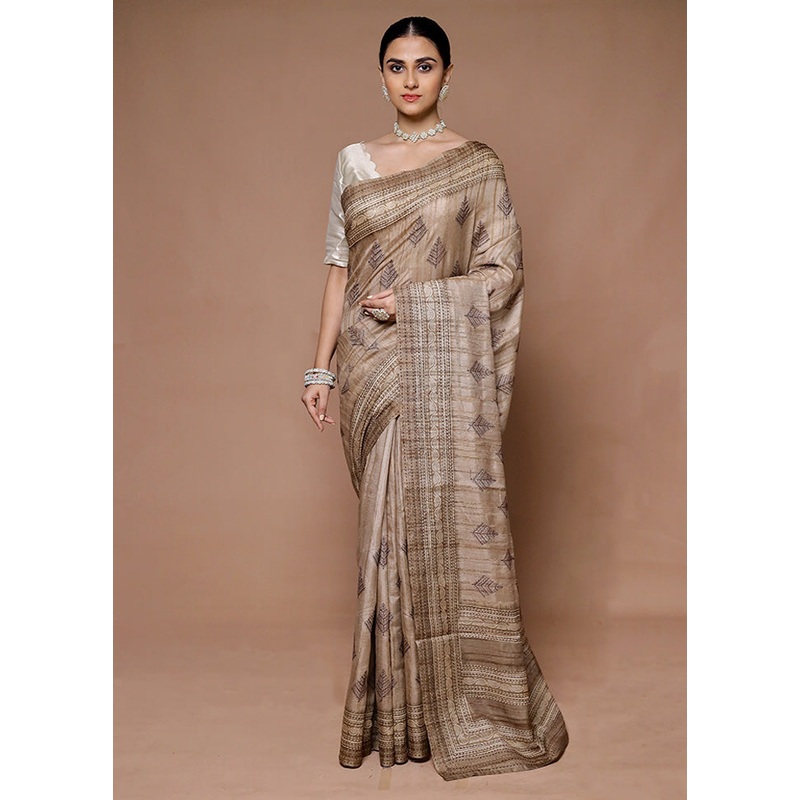 Cream Tussar Silk Saree With Blouse Piece - JD986599398