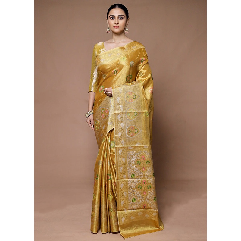 Golden Tissue Silk Saree With Blouse Piece - JD986599393