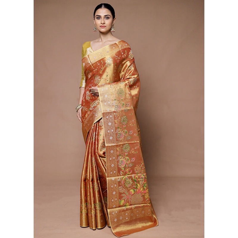 Golden Tissue Silk Saree With Blouse Piece - JD986599394