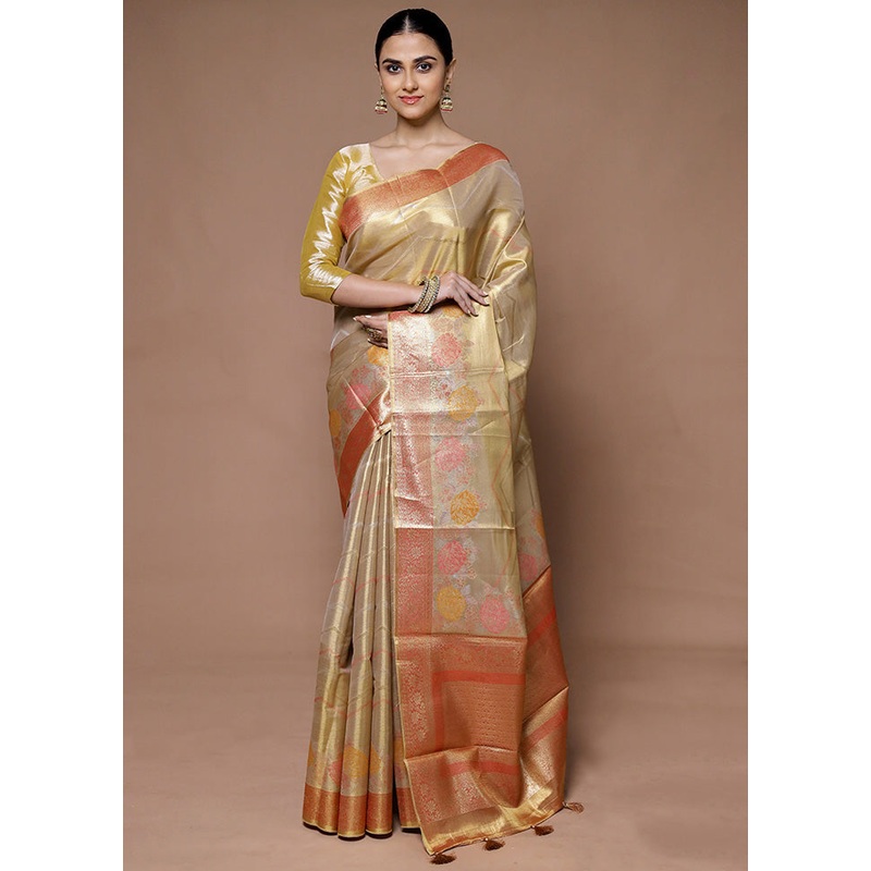 Golden Tissue Silk Saree With Blouse Piece - JD986599395