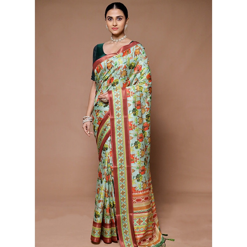 Green Dupion Silk Saree With Blouse Piece - JD986599392