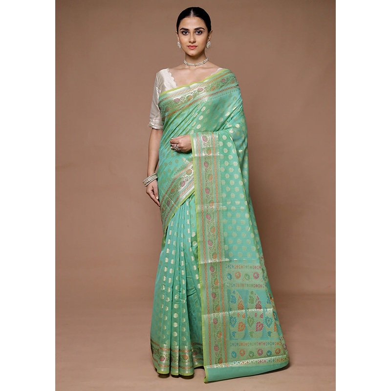 Green Kora Silk Saree With Blouse Piece - JD986599388