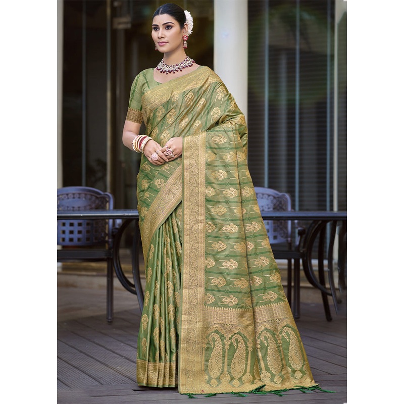 Green Satin Silk Saree With Blouse Piece - JD986599327
