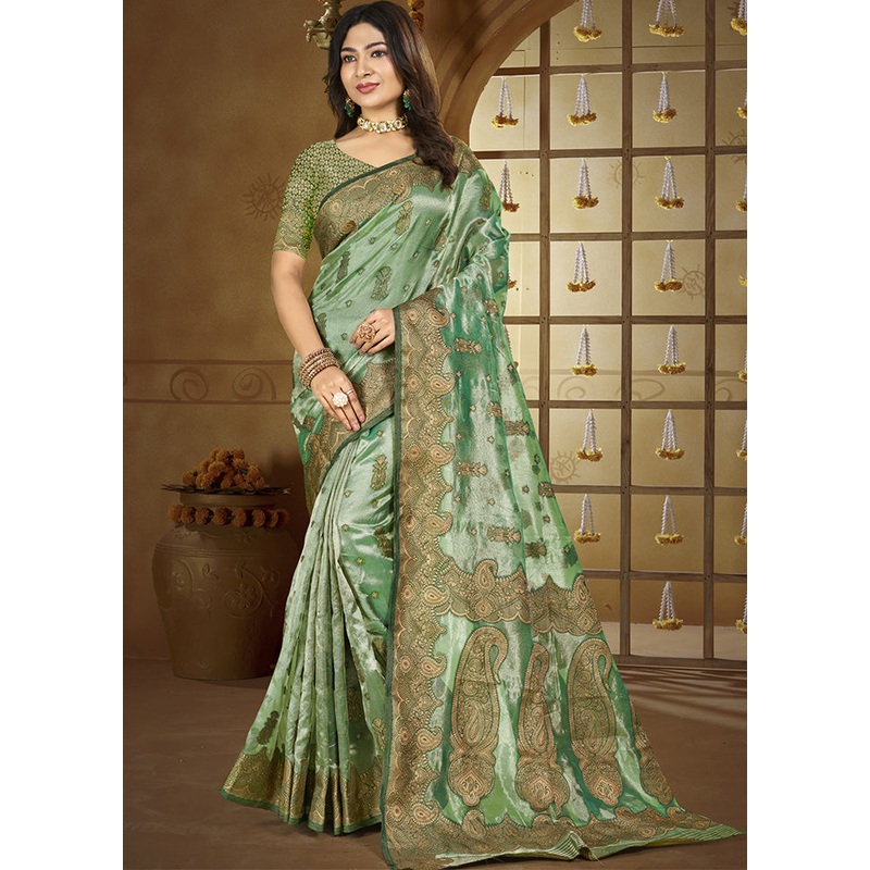 Green Spun Silk Saree With Blouse Piece - JD986599317