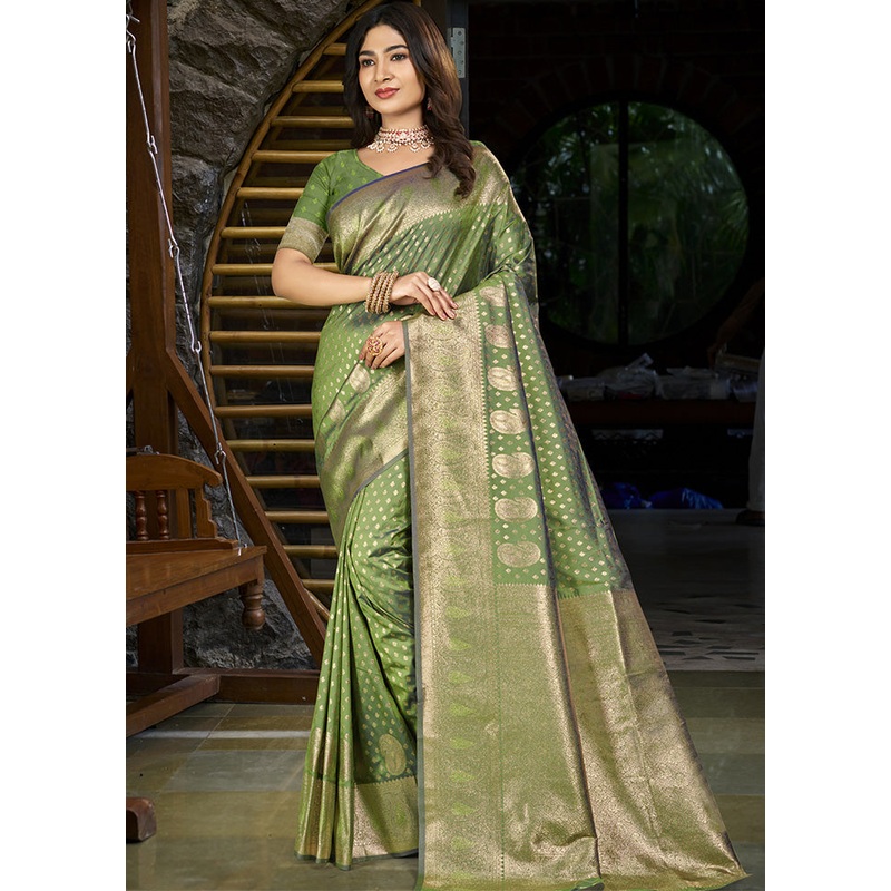 Green Spun Silk Saree With Blouse Piece - JD986599318