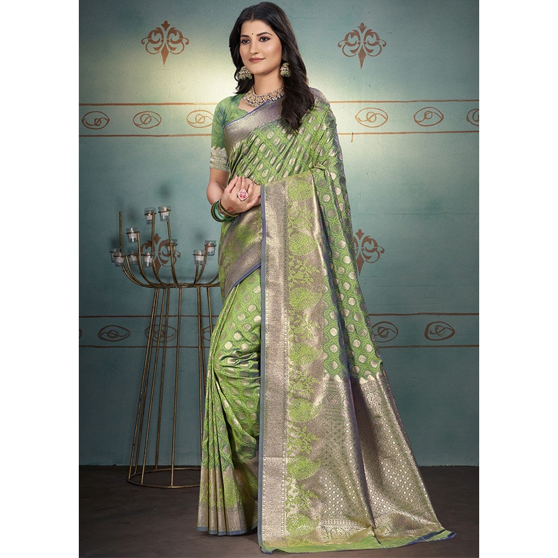 Green Spun Silk Saree With Blouse Piece - JD986599319