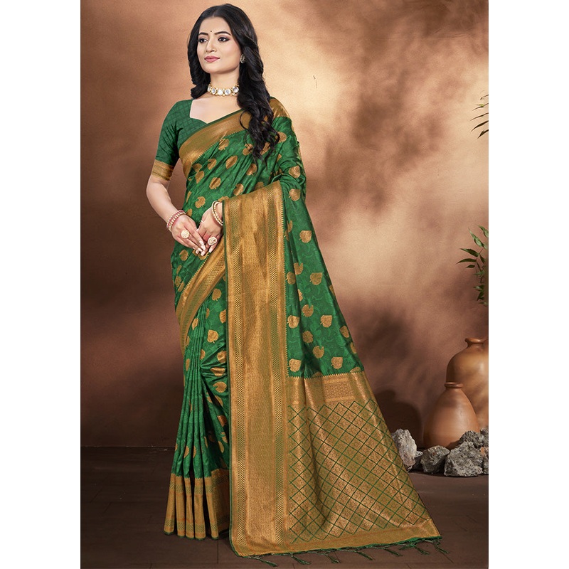 Green Spun Silk Saree With Blouse Piece - JD986599323