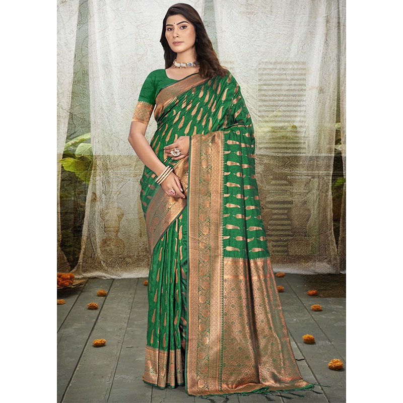Green Spun Silk Saree With Blouse Piece - JD986599324