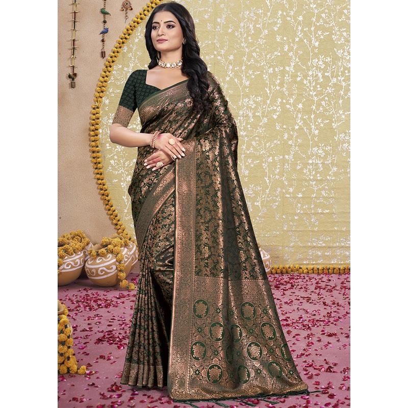Green Spun Silk Saree With Blouse Piece - JD986599325