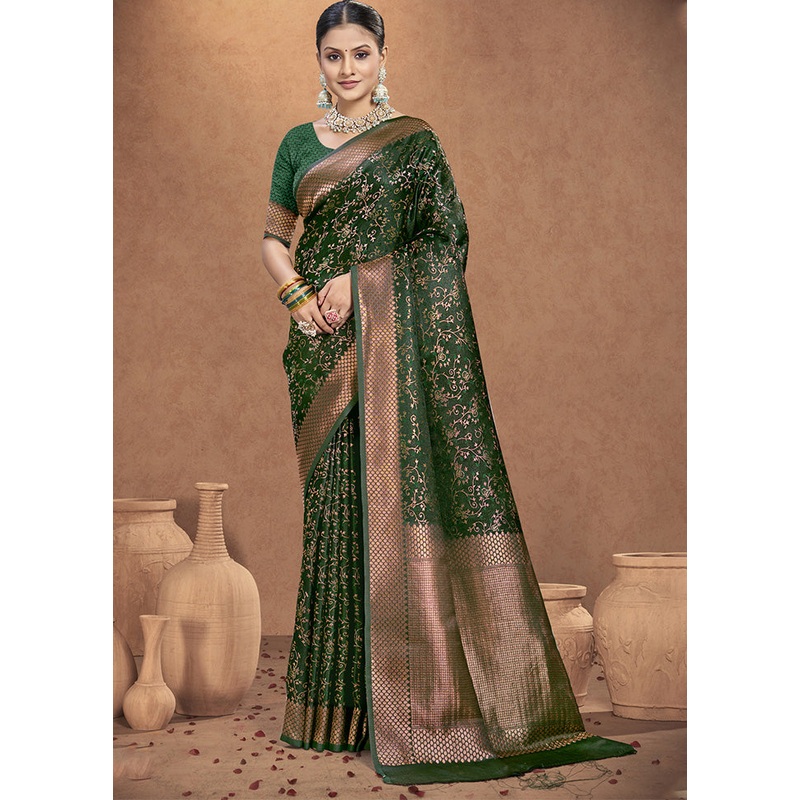 Green Spun Silk Saree With Blouse Piece - JD986599326