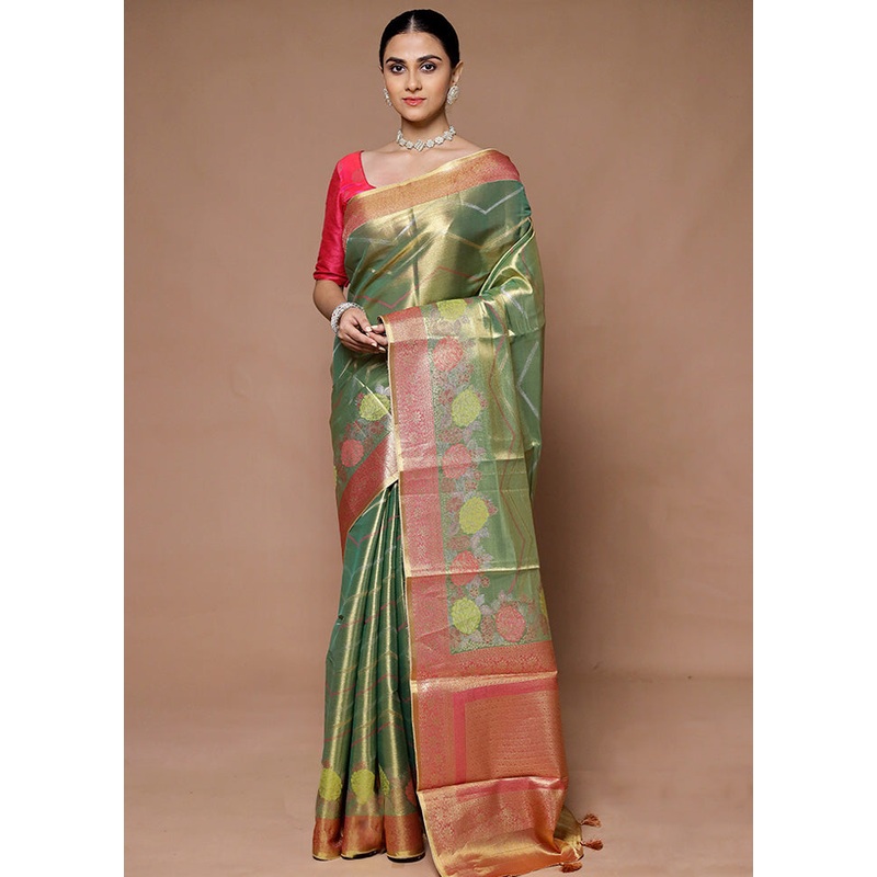 Green Tissue Silk Saree With Blouse Piece - JD986599384