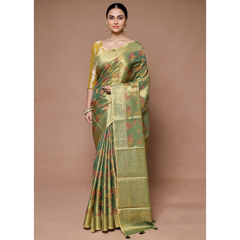 Green Tissue Silk Saree With Blouse Piece - JD986599385