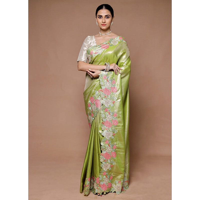 Green Tissue Silk Saree With Blouse Piece - JD986599386