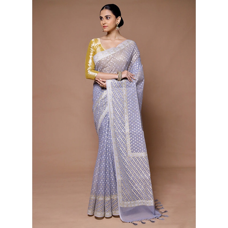 Grey Kora Silk Saree With Blouse Piece - JD986599383