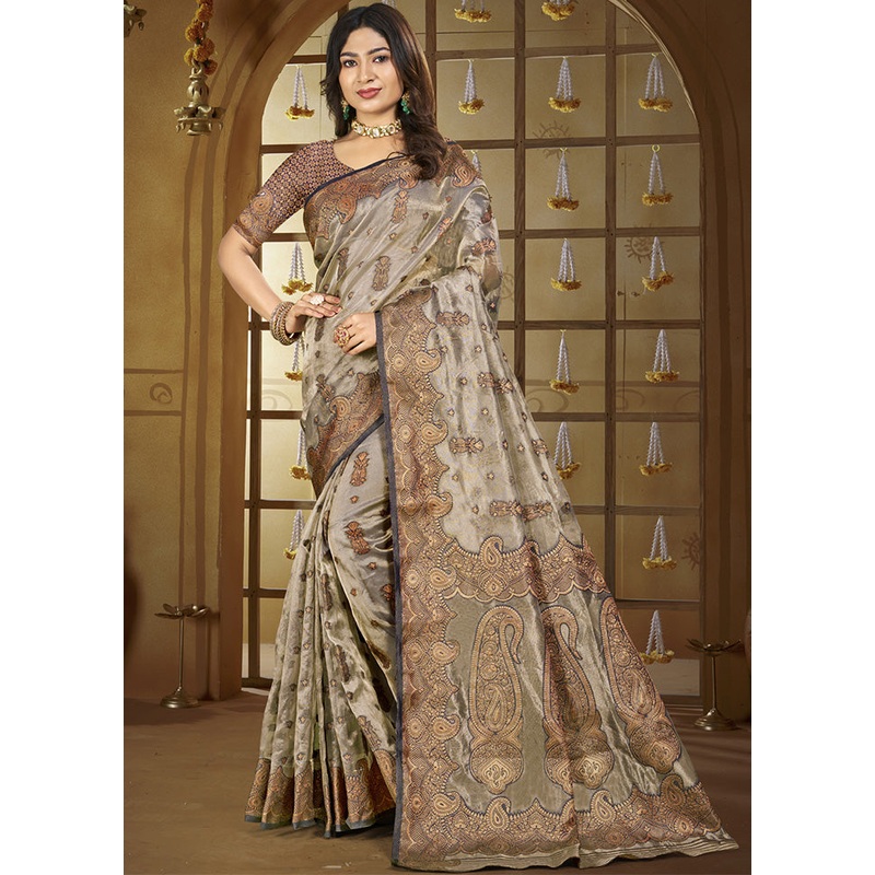 Grey Spun Silk Saree With Blouse Piece - JD986599313