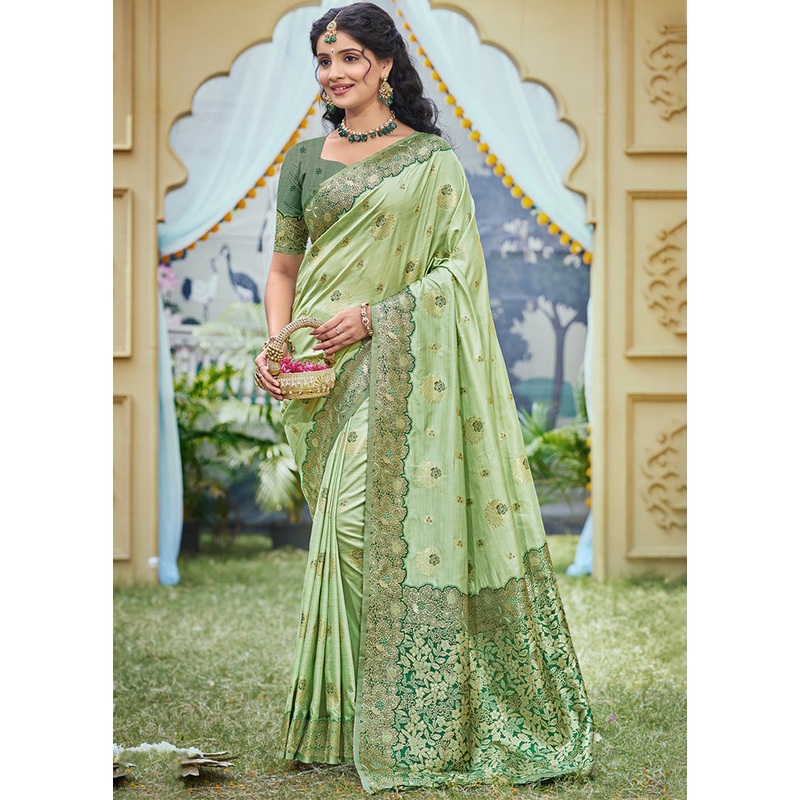 Light Green Spun Silk Saree With Blouse Piece - JD986599306