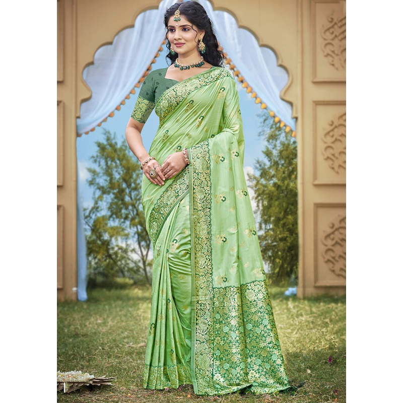 Light Green Spun Silk Saree With Blouse Piece - JD986599307