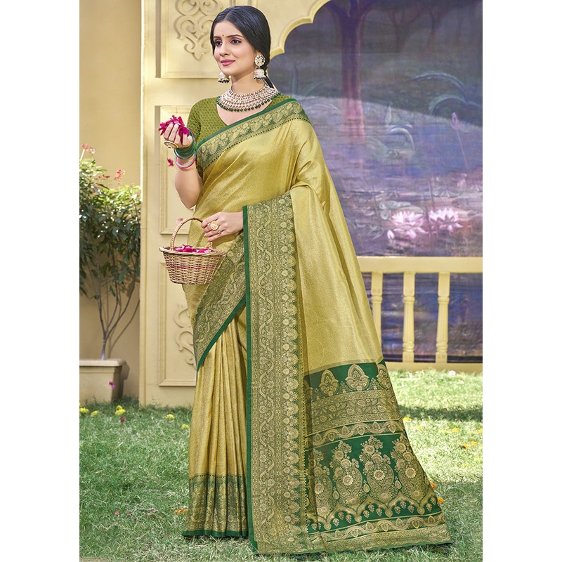 Light Green Spun Silk Saree With Blouse Piece - JD986599312