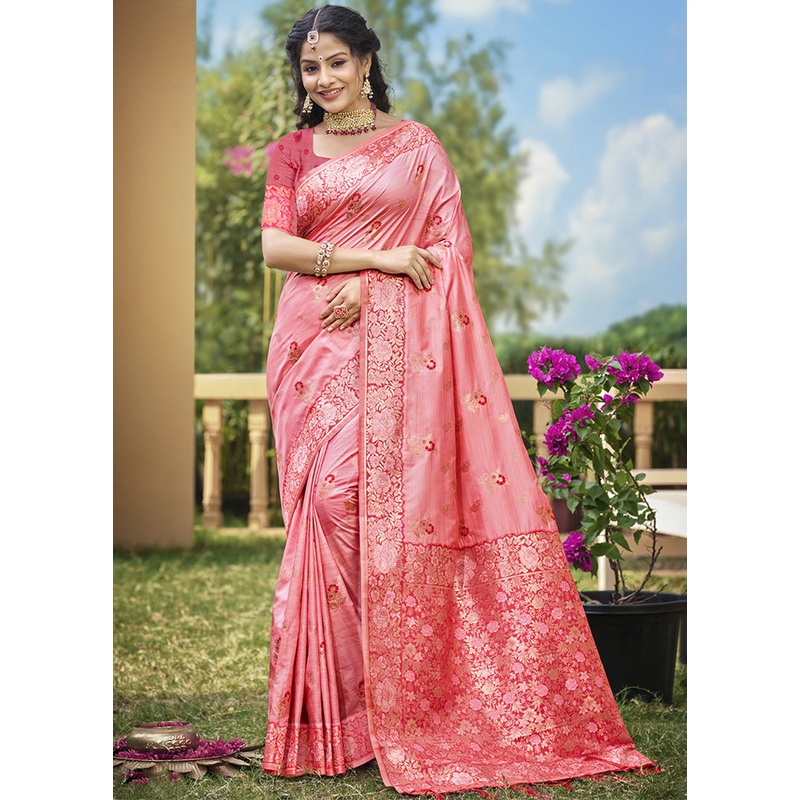 Light Pink Spun Silk Saree With Blouse Piece - JD986599305