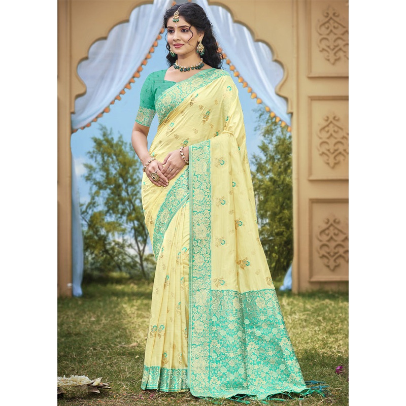 Light Yellow Spun Silk Saree With Blouse Piece - JD986599303