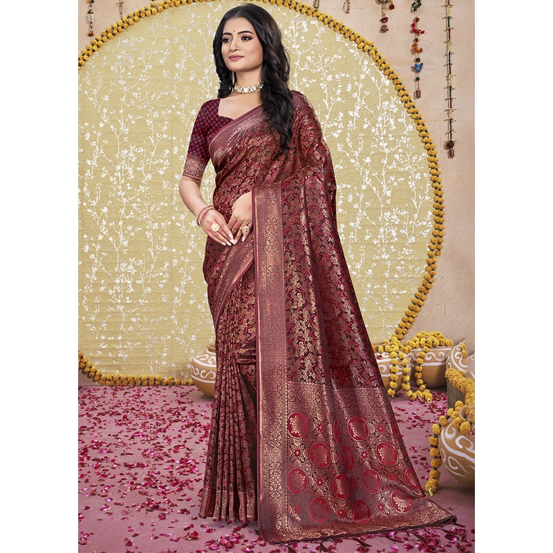 Maroon Spun Silk Saree With Blouse Piece - JD986599299