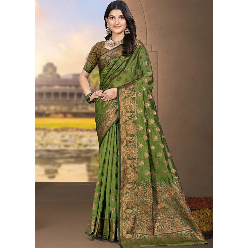 Mehendi Spun Silk Saree With Blouse Piece - JD986599297