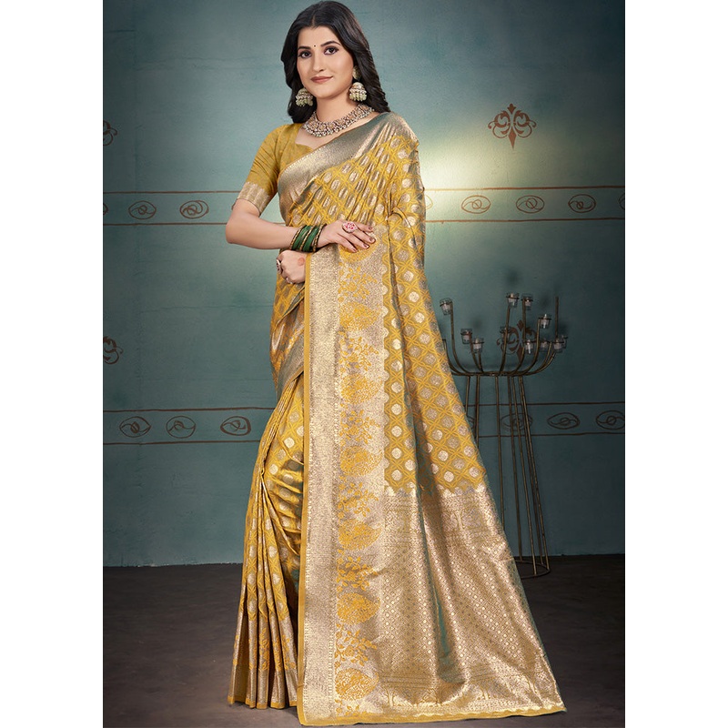 Mustard Spun Silk Saree With Blouse Piece - JD986599295