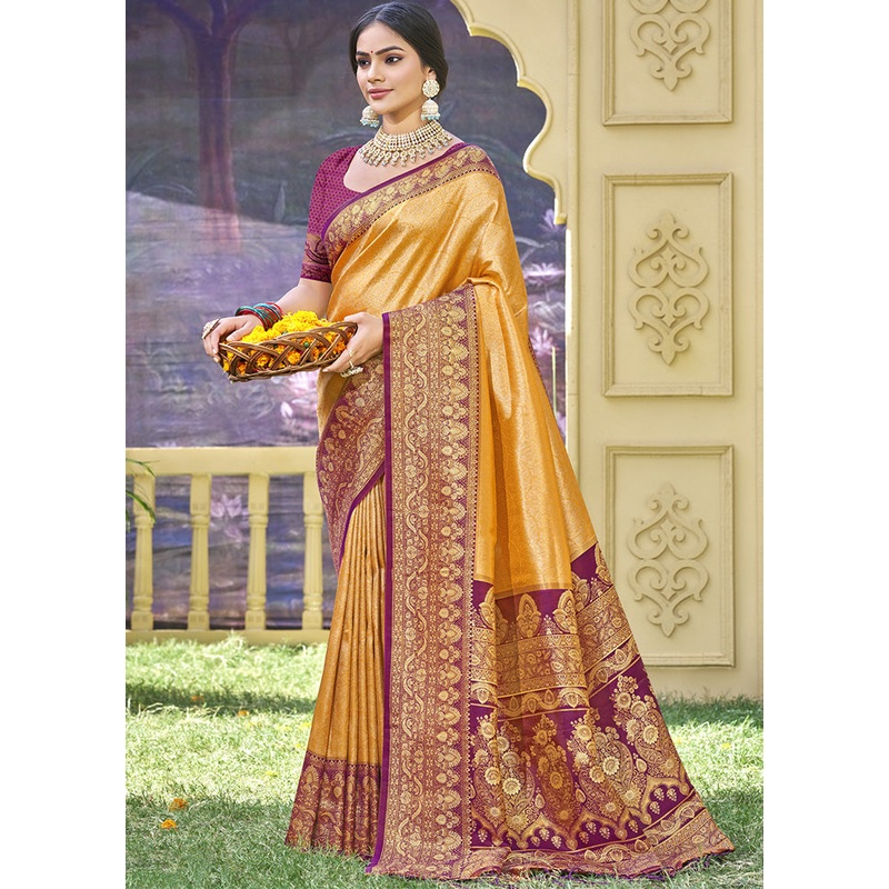 Mustard Spun Silk Saree With Blouse Piece - JD986599296