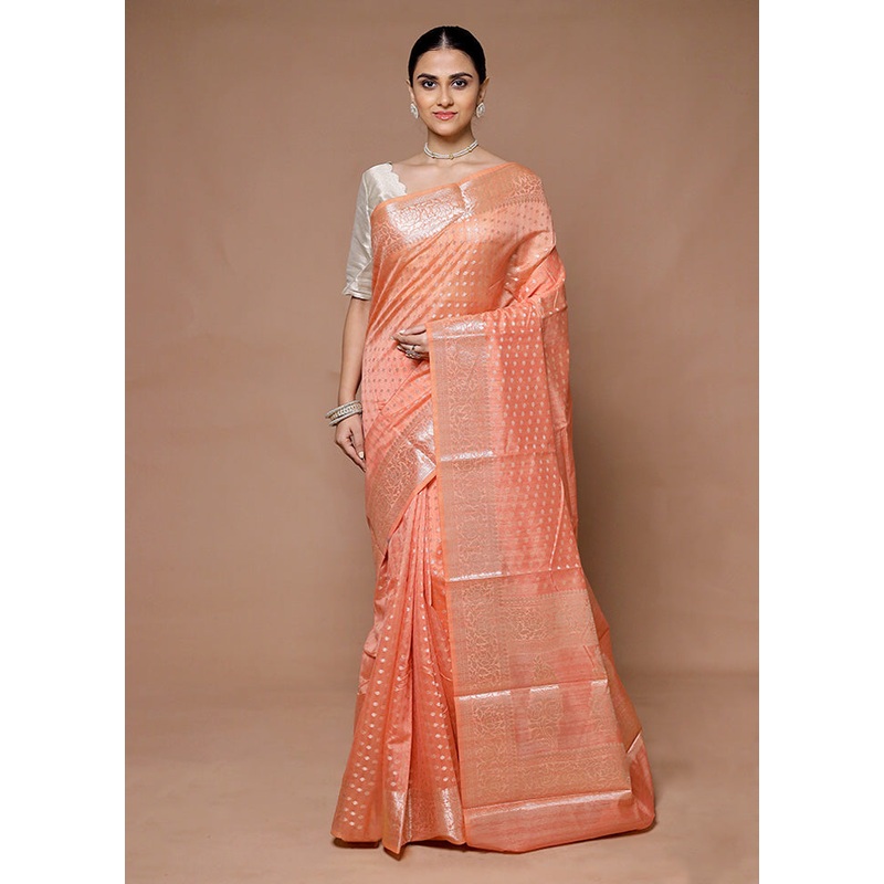 Peach Kora Silk Saree With Blouse Piece - JD986599374