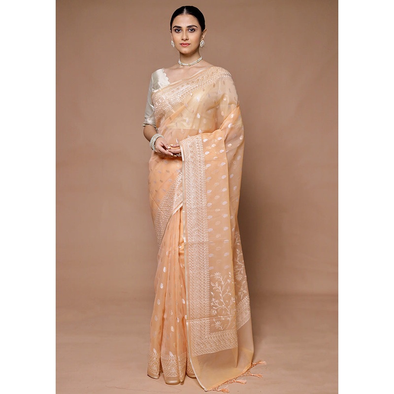 Peach Organza Saree With Blouse Piece - JD986599373