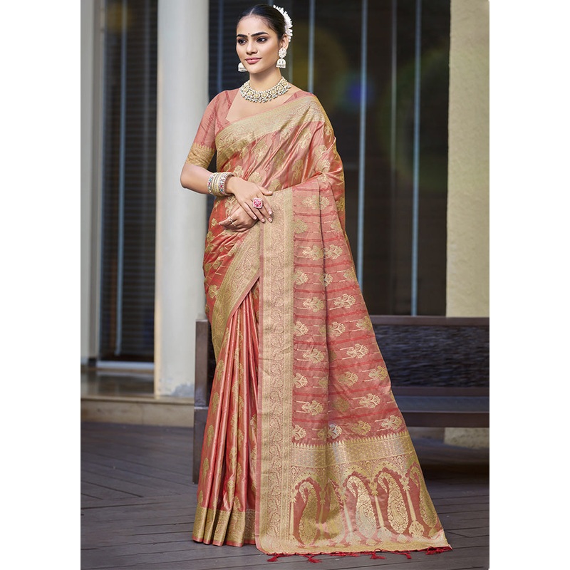 Peach Satin Silk Saree With Blouse Piece - JD986599290