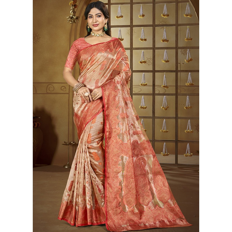 Peach Spun Silk Saree With Blouse Piece - JD986599283