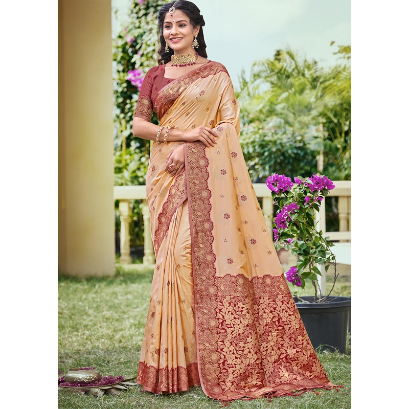 Peach Spun Silk Saree With Blouse Piece - JD986599284