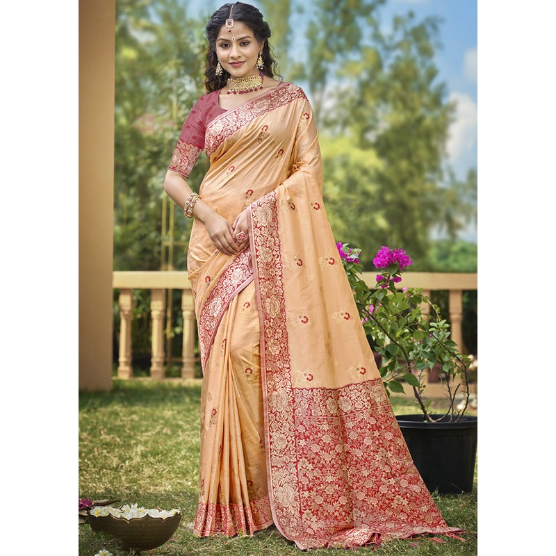 Peach Spun Silk Saree With Blouse Piece - JD986599285