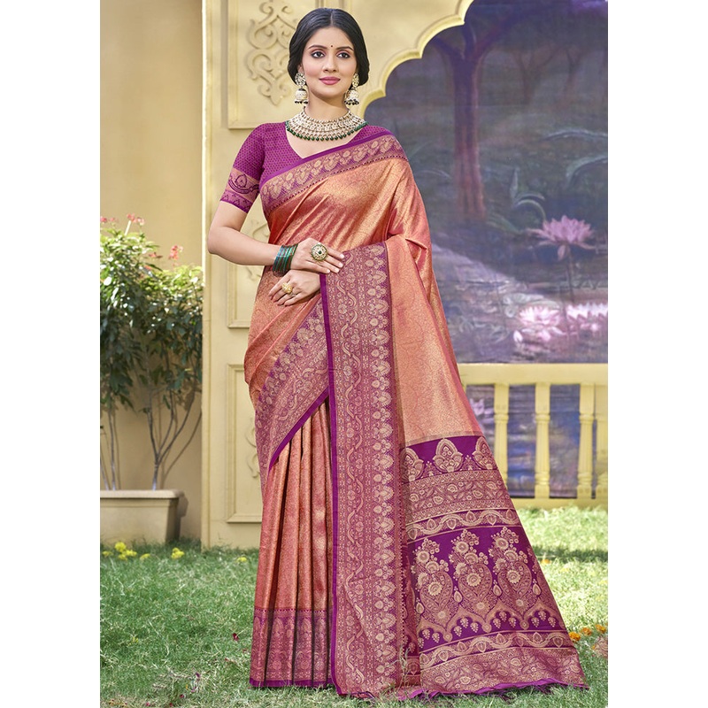 Peach Spun Silk Saree With Blouse Piece - JD986599289
