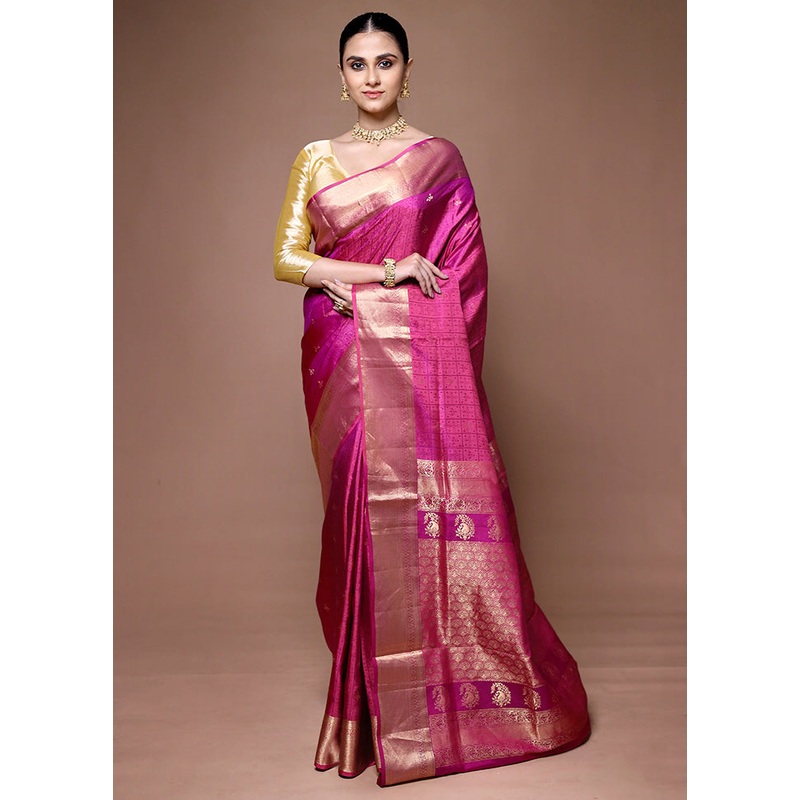 Pink Handloom Kanjivaram Pure Silk Saree With Blouse Piece - JD986599340