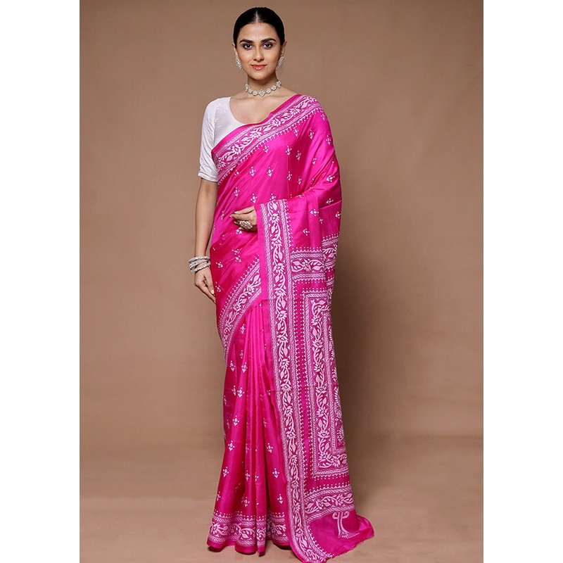 Pink Handloom Kantha Stitch Pure Silk Saree With Blouse Piece - JD986599366