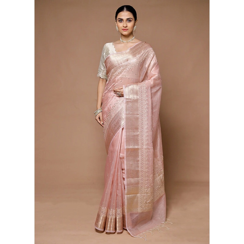 Pink Tissue Silk Saree With Blouse Piece - JD986599356