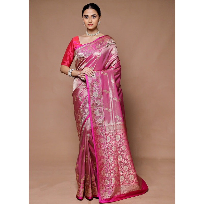 Pink Tissue Silk Saree With Blouse Piece - JD986599357