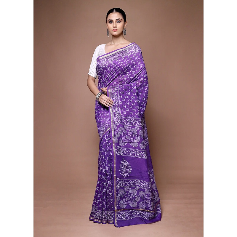 Purple Chanderi Cotton Saree With Blouse Piece - JD986599341