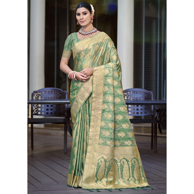 Rama Green Satin Silk Saree With Blouse Piece - JD986599262