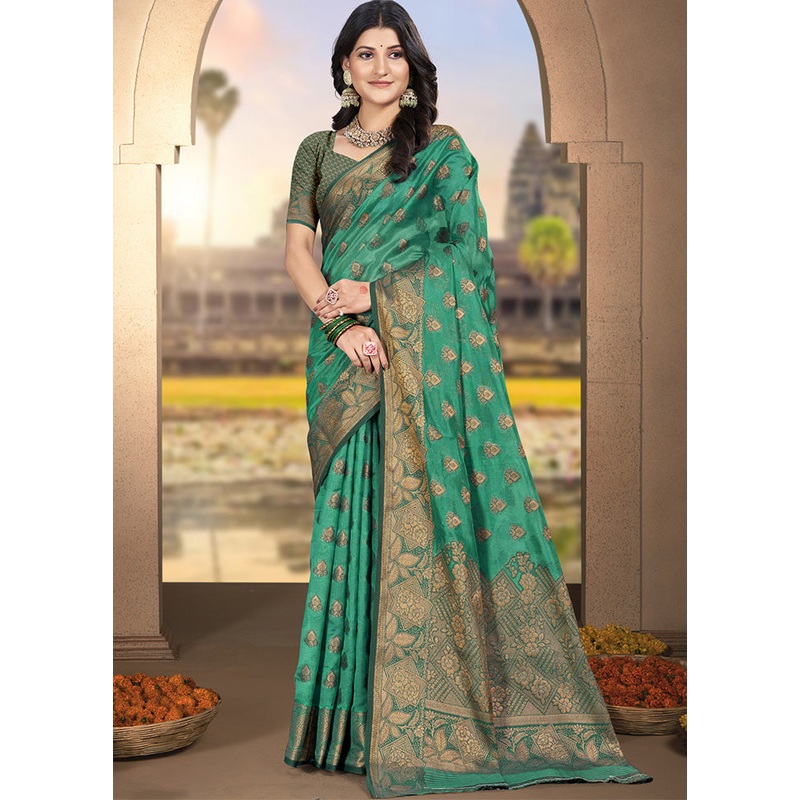 Rama Green Spun Silk Saree With Blouse Piece - JD986599257