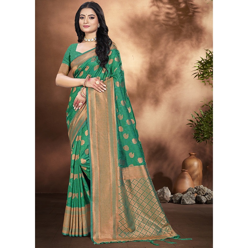 Rama Green Spun Silk Saree With Blouse Piece - JD986599259