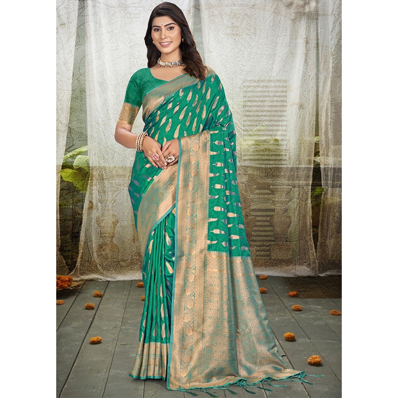 Rama Green Spun Silk Saree With Blouse Piece - JD986599260