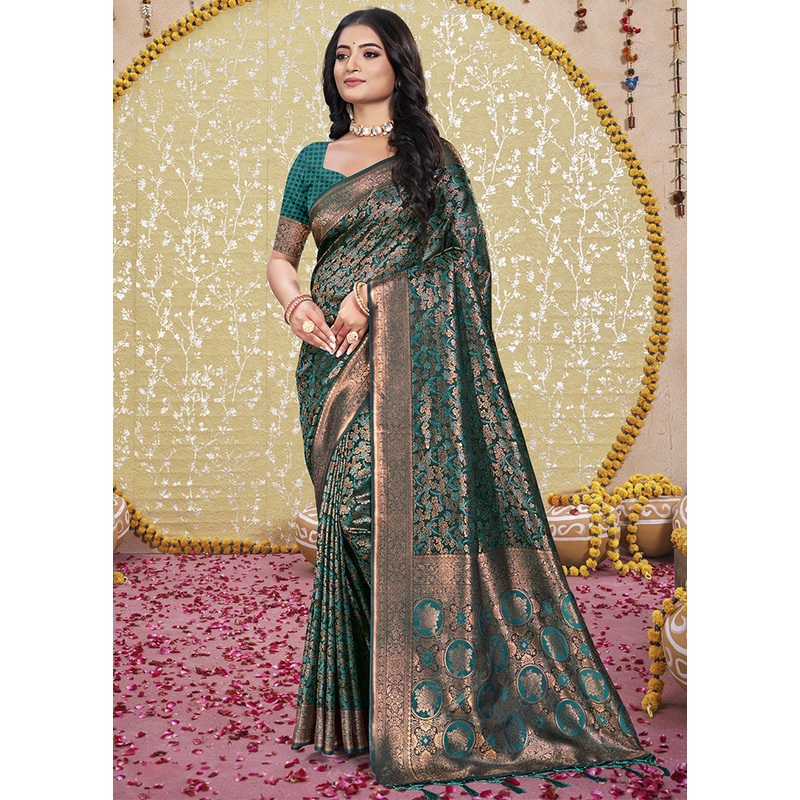 Rama Green Spun Silk Saree With Blouse Piece - JD986599261
