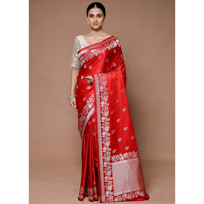 Red Katan Silk Saree With Blouse Piece - JD986599349