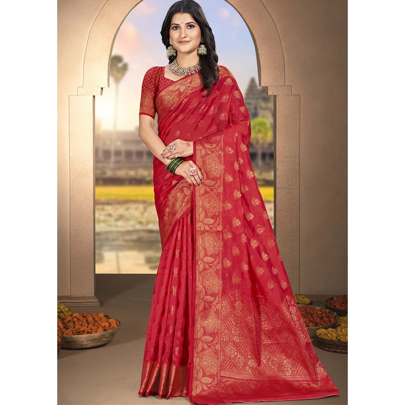 Red Spun Silk Saree With Blouse Piece - JD986599251