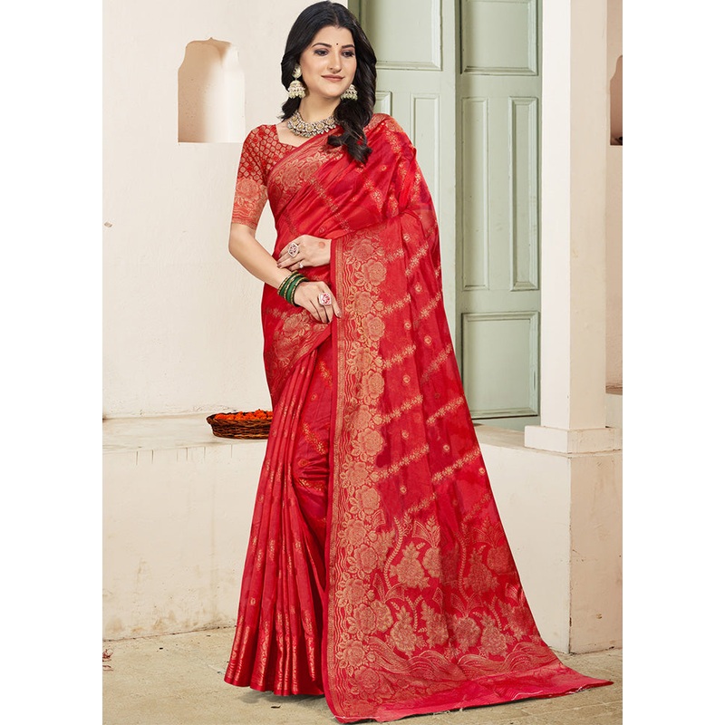 Red Spun Silk Saree With Blouse Piece - JD986599252