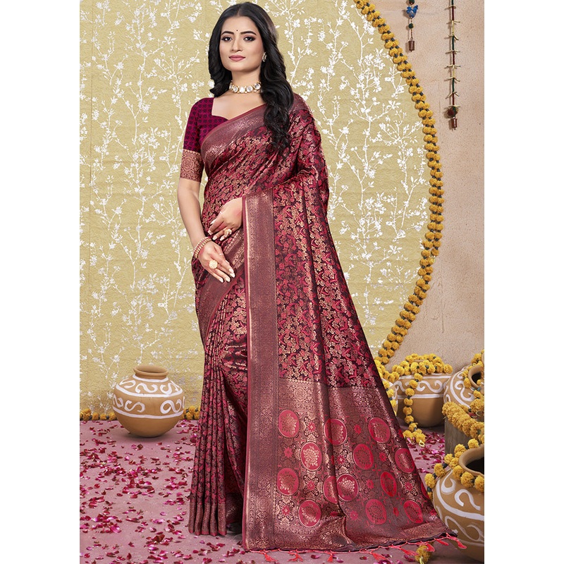 Red Spun Silk Saree With Blouse Piece - JD986599256